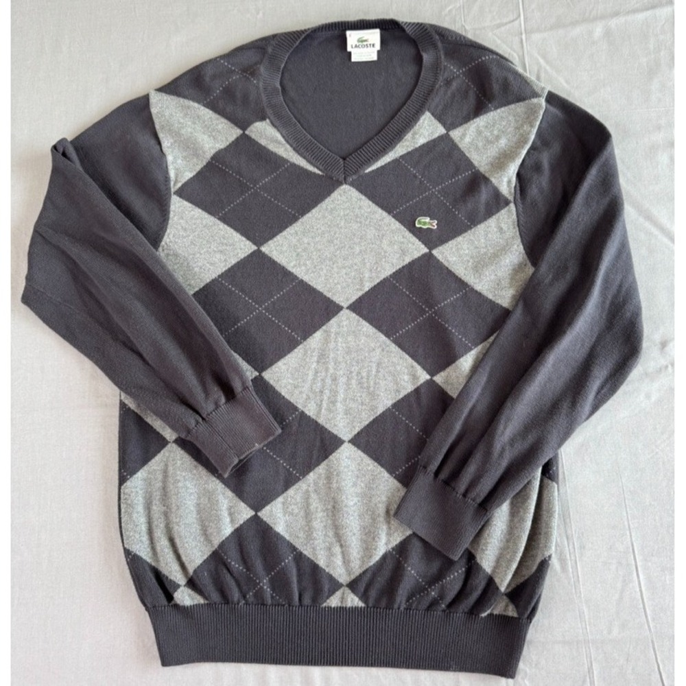 Lacoste Sweater Mens 6 Argyle Diamond Knit Gray Gator Logo V Neck Pullover Golf